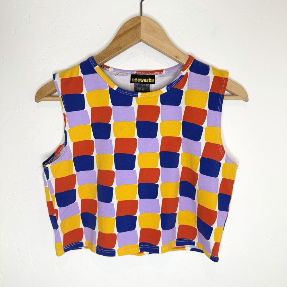Nooworks Grid Print Crop Top Womens Small Purple Yellow Sleeveless Tank